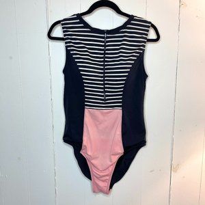 Denim & Co Beach Swimsuit, Half-Zip Colorblock, Pink and Black Stripes